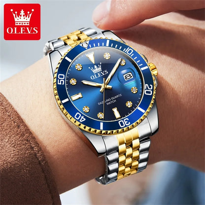 OLEVS herenhorloge – Luxe horloge, professionele stijl, waterdicht, met datumweergave, lichtgevende wijzers, roestvrijstalen kast en blauwe wijzerplaat – Kwartshorloge