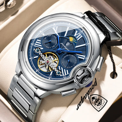 Reloj de lujo para hombre POEDAGAR: modelo automático mecánico con indicador de fecha y día, correa de piel, tourbillon, resistente al agua, estilo elegante y profesional.