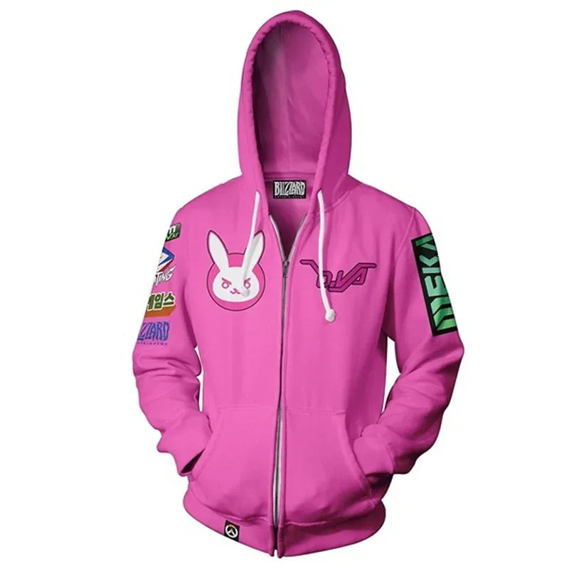 Anime gaming hoodie majica s kapuljačom, 3D print Overwatches DVA DJ, cosplay kostim za žene, muškarce i parove, jakna s kapuljačom, gornji odjevni predmet