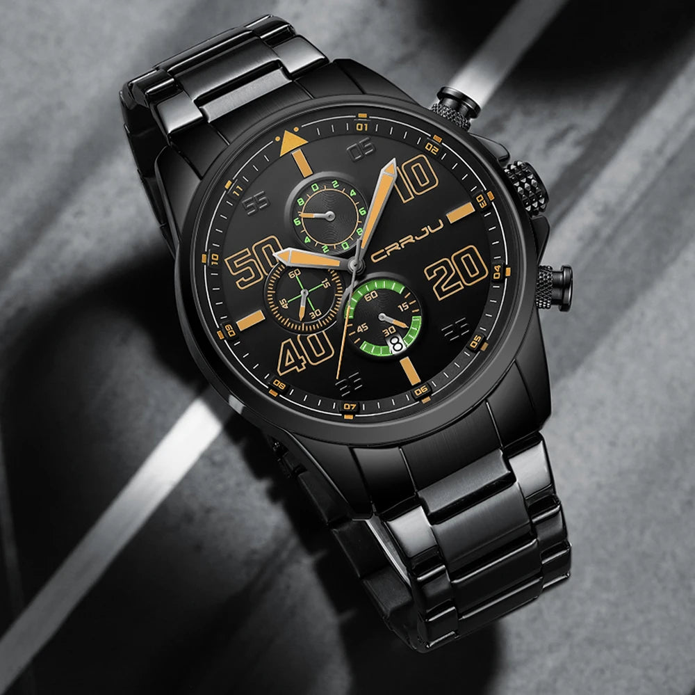 Montre pour homme CRRJU – Chronographe de luxe, grand cadran, acier inoxydable, étanche, avec affichage de la date