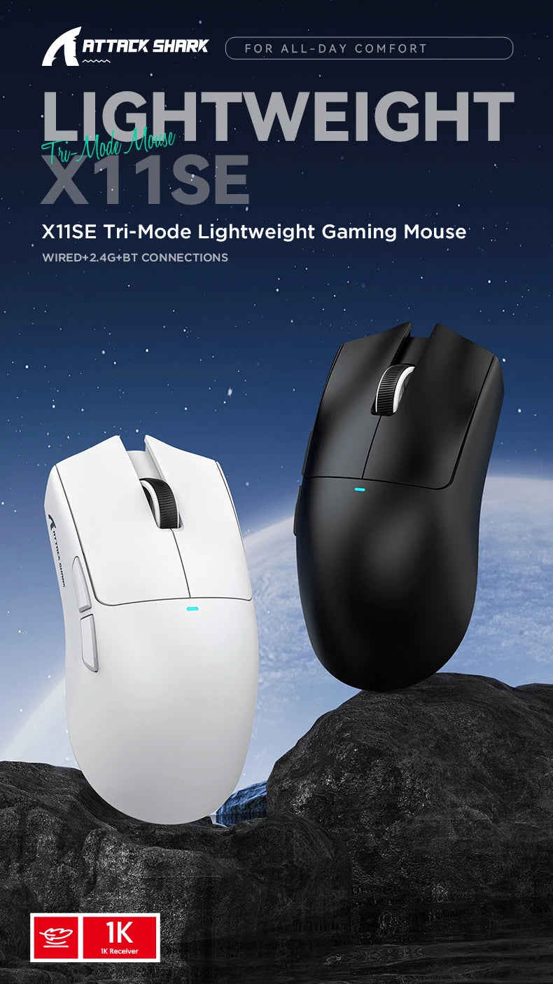 Mouse gaming wireless ATTACK SHARK X11SE, tri-mode, superleggero 63g con sensore PAW3311, 22000 DPI, batteria 300mAh, doppio driver