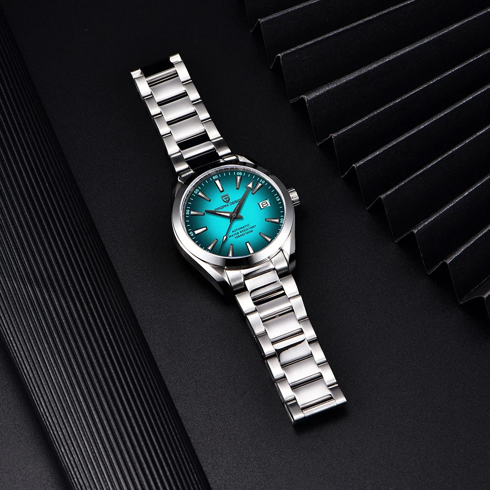 Luxusuhr für Herren von PAGANI DESIGN – Mechanisches Automatikmodell (Kaliber 8215), aus Edelstahl, wasserdicht, mit Datumsanzeige und leuchtenden Zeigern