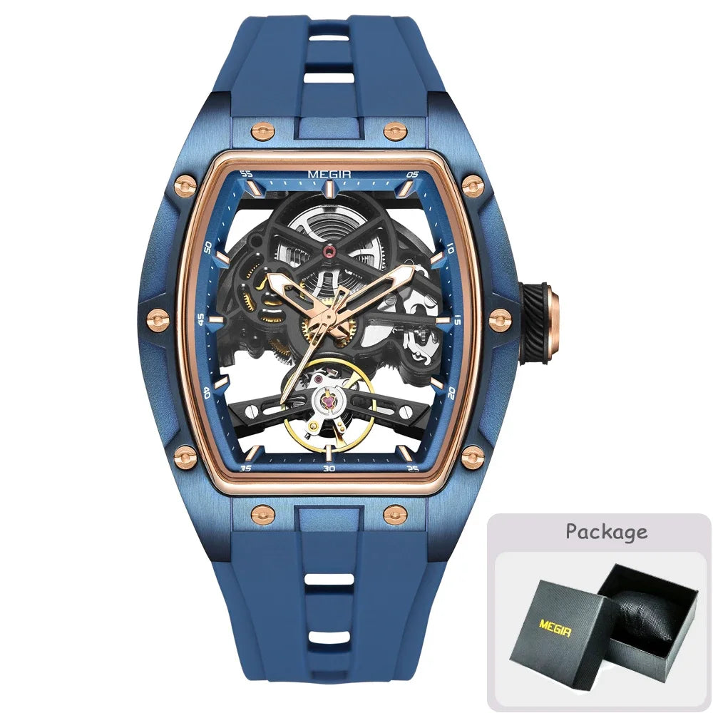 MEGIR MG-2242G Men’s Automatic Mechanical Watch  Skeleton Barrel Case, Luminous Hands & Silicone Strap