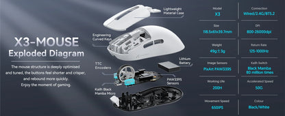 ATTACK SHARK X3 leichte kabellose Gaming-Maus, 49g Tri-Mode, PAW3395 26K DPI Sensor, 200h Akkulaufzeit, 5 programmierbare Tasten