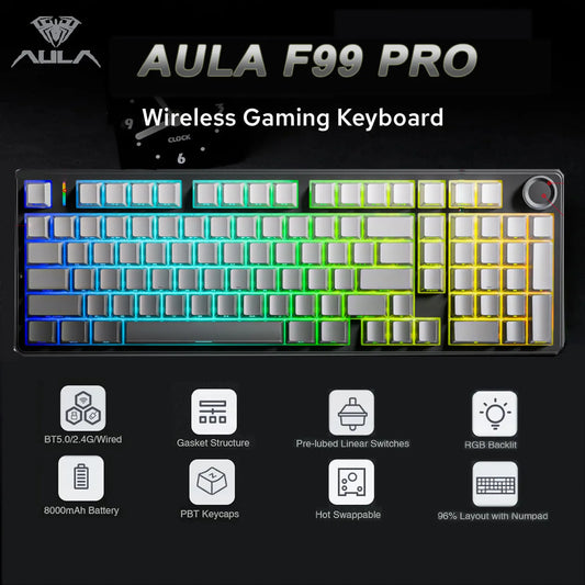 Teclado Mecânico Gaming E-sports AULA F99 Pro Três Modos RGB Hot Swappable 96% PBT Personalizado Sem Fios com Botão Medi