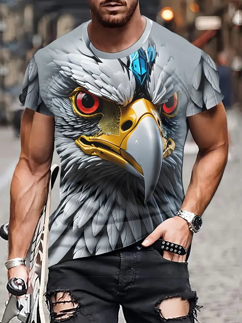 Neues cooles T-Shirt für Herren mit Adler-Motiv, 3D-Print, Flammenadler, sommerliche Streetwear, trendiges Kurzarmshirt, Herren-Tops