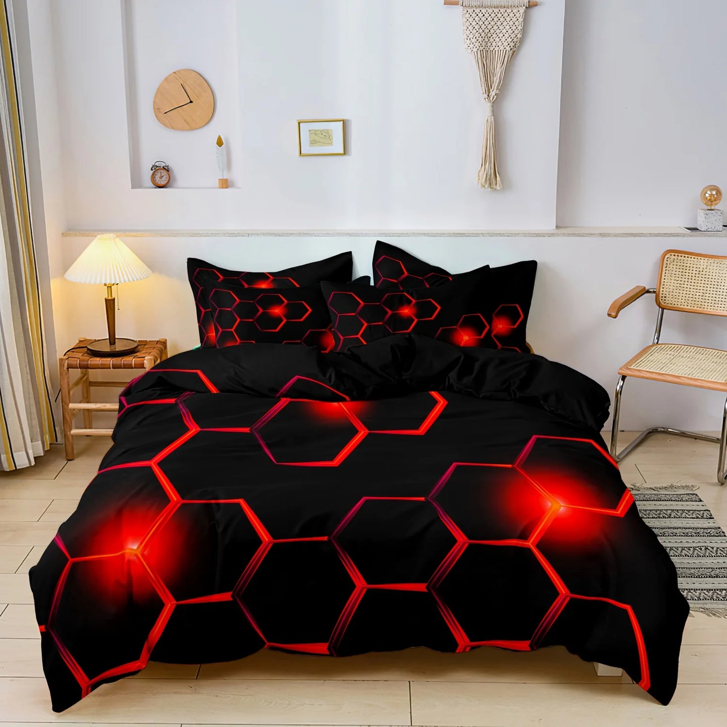 Conjunto de Capa de Edredão 3D Geométrica com Padrão Hexagonal em Favo de Mel, 3 Peças, Roupa de Cama em Poliéster Colorido com Impressão Digital e Fecho de Correr