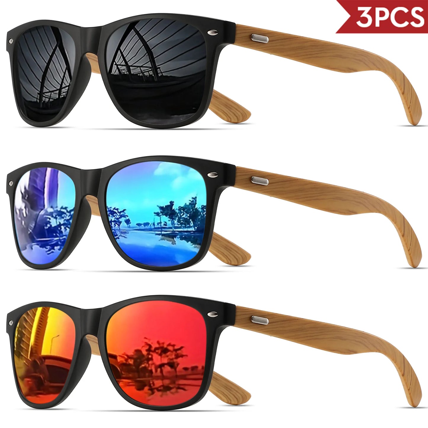 3PCS Bamboo Texture Square Sunglasses UV400, Fashion Unisex Classic - Lightweight for Casual Wear & Holidays