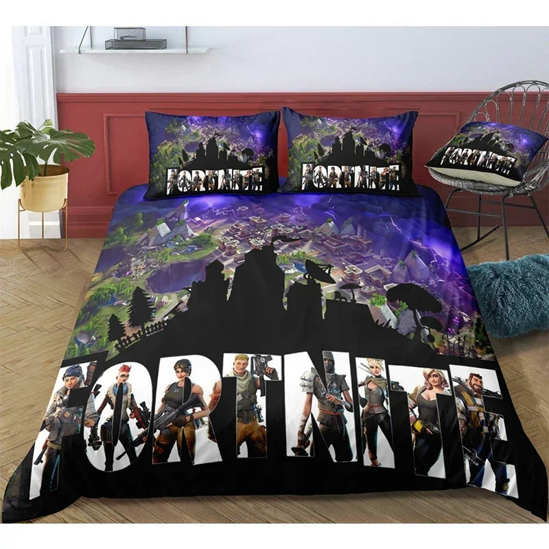 Fortnite-Bettwäsche-Set, Bettbezug, 3-teilig, 3D-bedruckte Schlafzimmer-Bettwäsche, Game-Anime-Cartoon-Kissenbezug, Zimmerdekoration, Geschenk