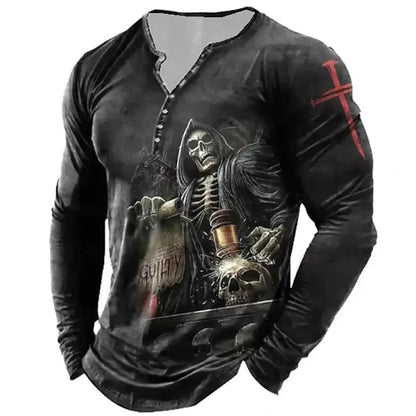 Autumn Skull Henley Shirt 3D Print Streetwear Men's Fashion Vintage Long Sleeve Button T Shirt Men's T Shirt Tops Clothing