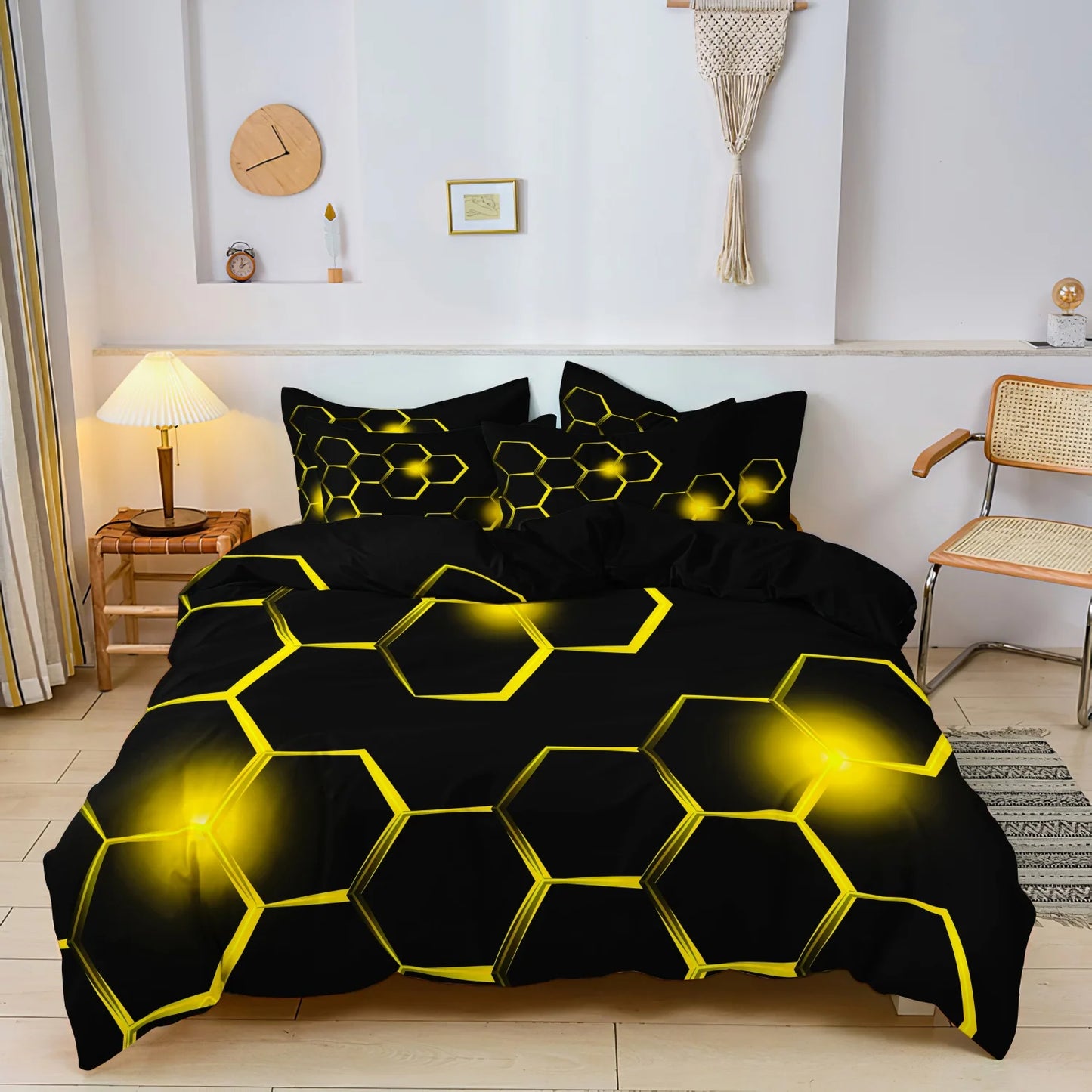 Conjunto de Capa de Edredão 3D Geométrica com Padrão Hexagonal em Favo de Mel, 3 Peças, Roupa de Cama em Poliéster Colorido com Impressão Digital e Fecho de Correr