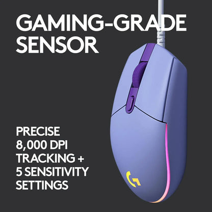 Logitech G102 G203 laidinė žaidimų pelė, 2.1 metro ilgio laidas, 8000 DPI, RGB efektai, skirta PC, nešiojamajam kompiuteriui, biurui ir gamer’iams, lanksti