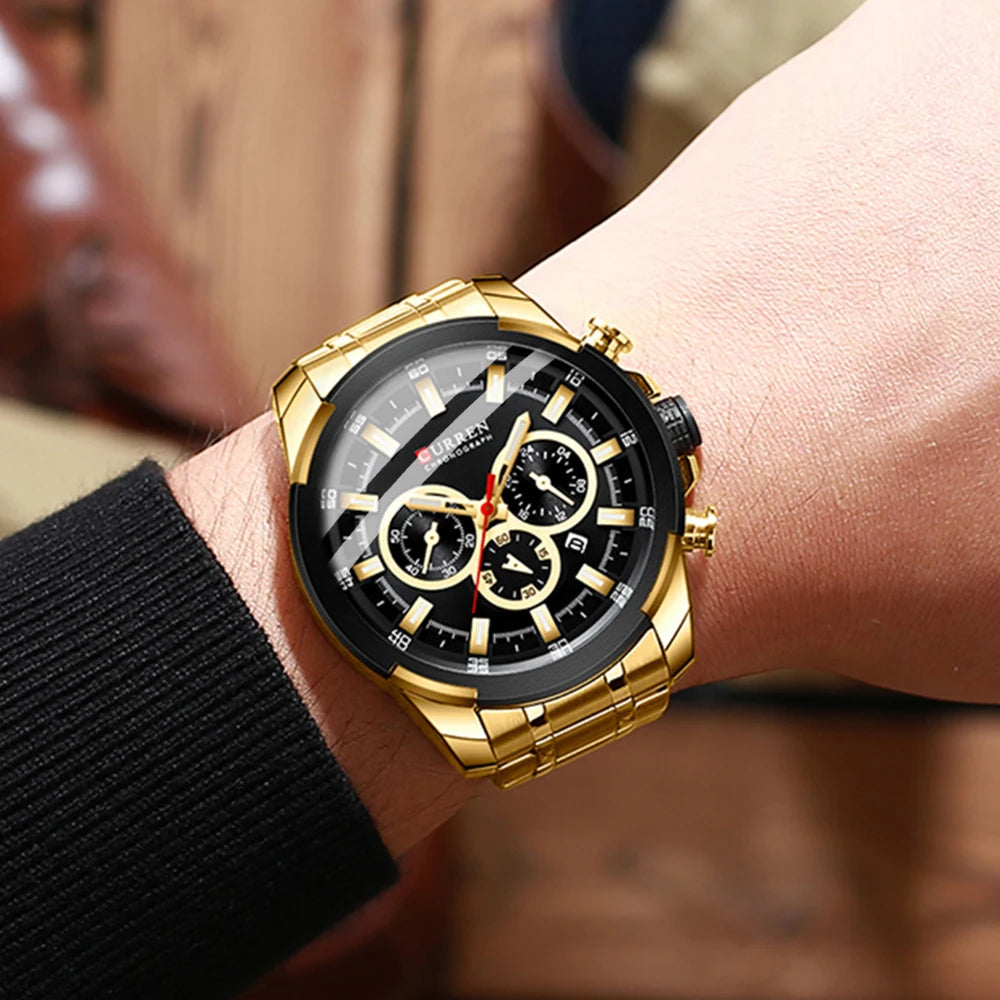 CURREN men’s chronograph watch, large 48 mm dial, stainless steel bracelet, three sub-dials, quartz sports wristwatch, luxurious style