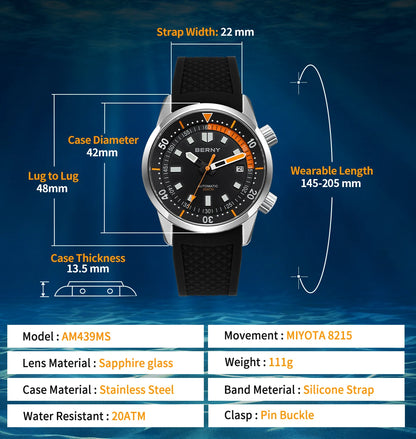 Relógio de mergulho BERNY para homem, automático mecânico, 200M impermeável, superluminoso, 42mm, safira, para natação e mergulho