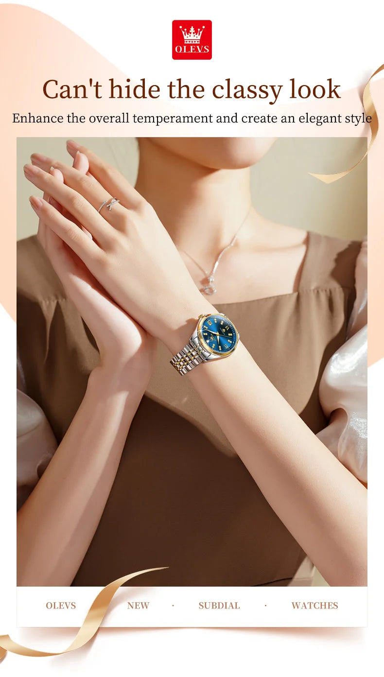 OLEVS 9801 Womens Watch Luxury Fashion Waterproof  Automatic Mechanical Watch Stainless Steel Diamond Date Ladies Watch Set