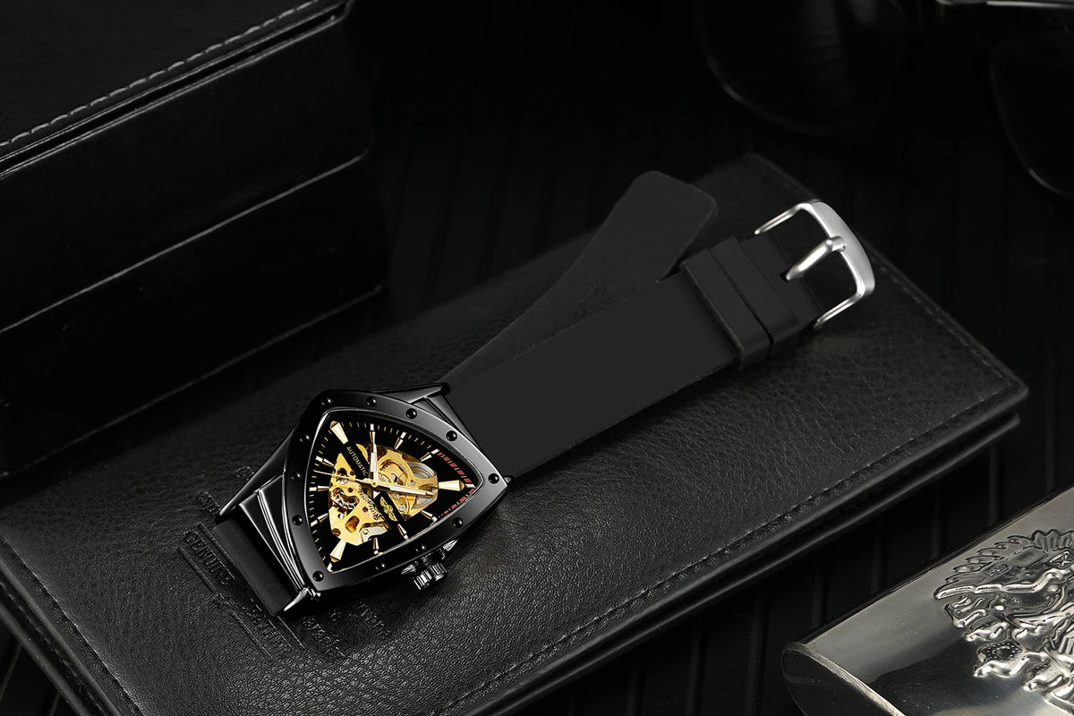 WINNER High Quality Watch for Men Triangle Steel Skeleton Mechanical Automatic Movement Clockwork Waterproof Rubber strap Wrist