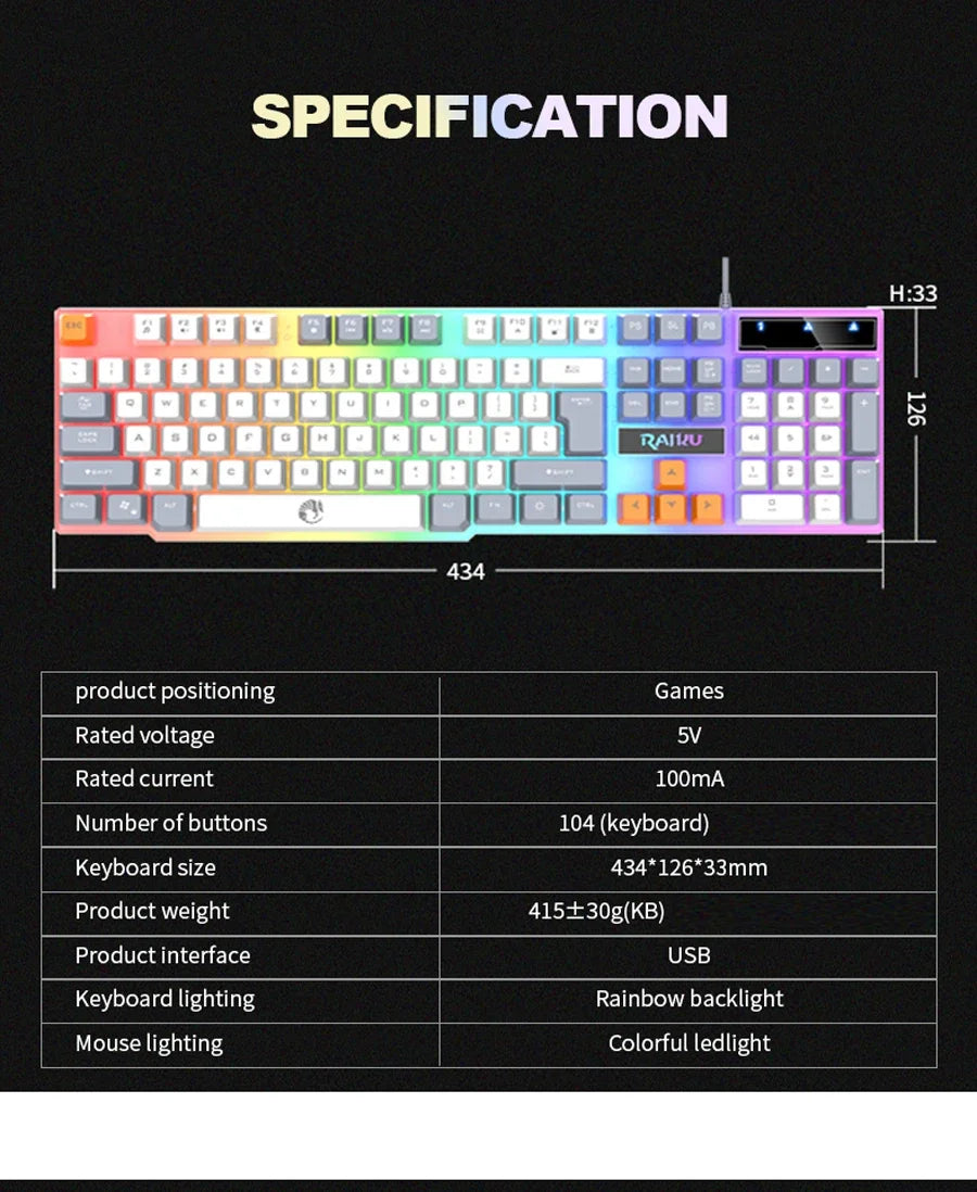 Einzelne Tastatur und Tastatur-Maus-Set RAIKU T26, dreifarbige Leuchttastatur, kabelgebundene mechanische Touch-Gaming-Maus-Tastatur-Kombination
