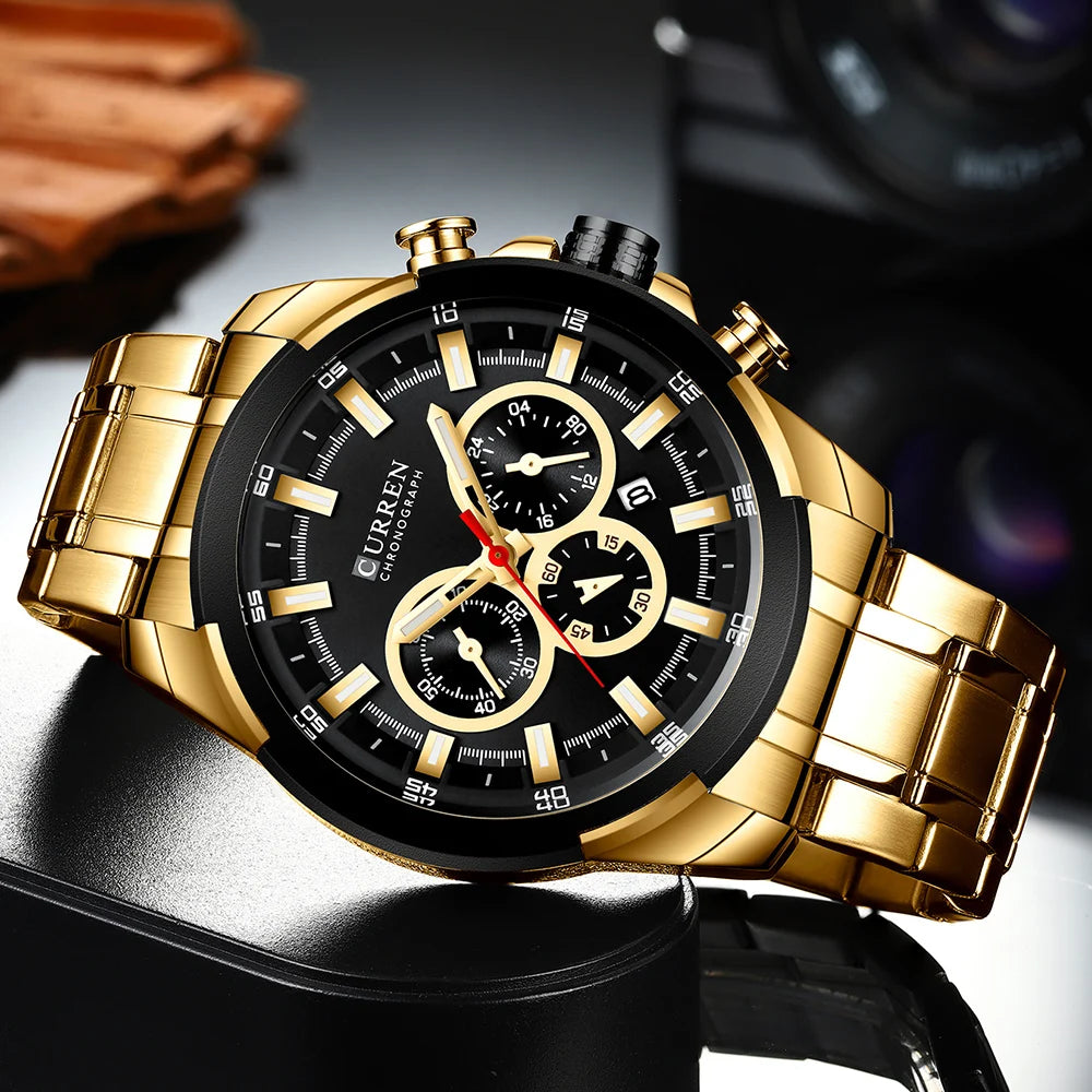 CURREN men’s chronograph watch, large 48 mm dial, stainless steel bracelet, three sub-dials, quartz sports wristwatch, luxurious style