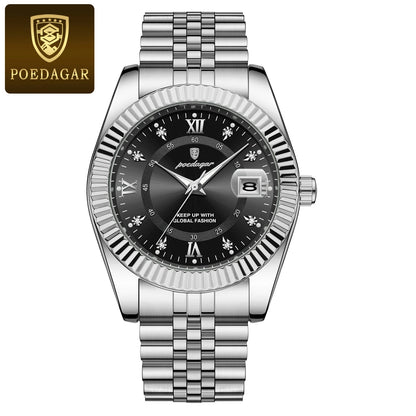 Orologio da uomo POEDAGAR – Modello di lusso, impermeabile, in acciaio inossidabile, con quadrante luminescente, stile militare, datario, movimento al quarzo, ideale per il lavoro o le occasioni professionali.