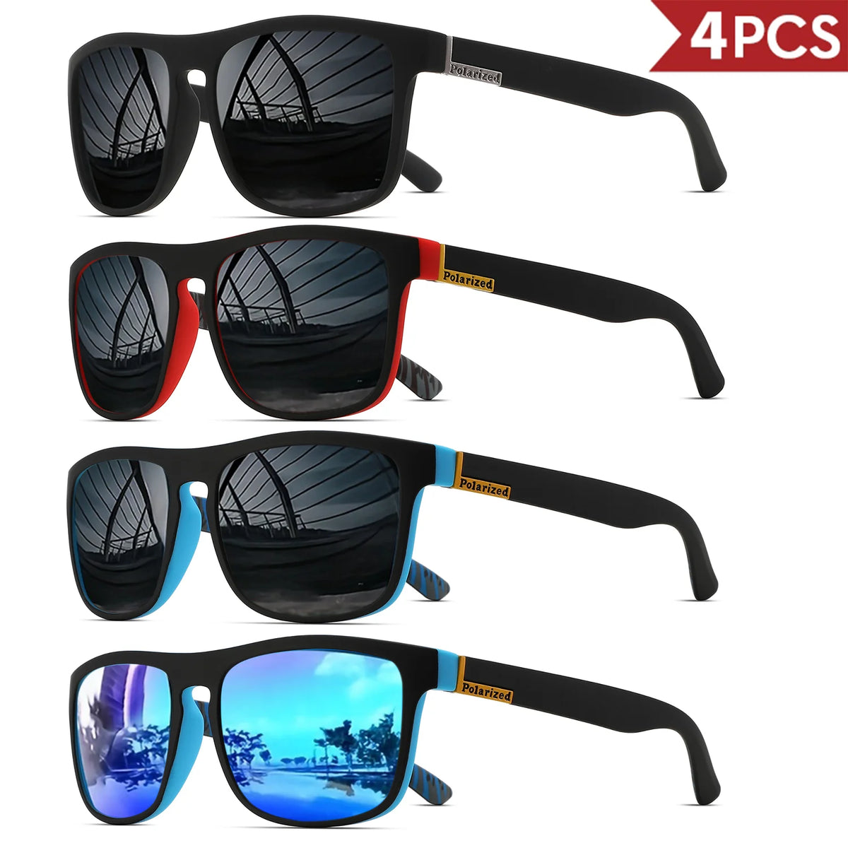 4PCSClassic Square Polarized Sports Sunglasses Lightweight PC Frame UV400 for Driving Fishing Cycling Unisex Everyday Durability