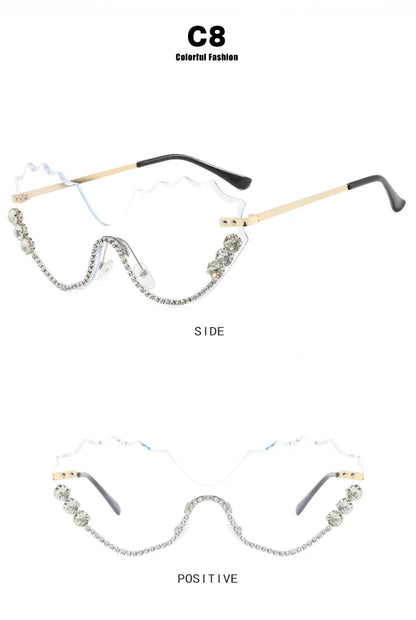 Fashion Luxury Brand Design Diamond Wave Rimless Women Sunglasses Hip Hop Eyewear Outdoor Glasses Unisex Shades Glasses UV400