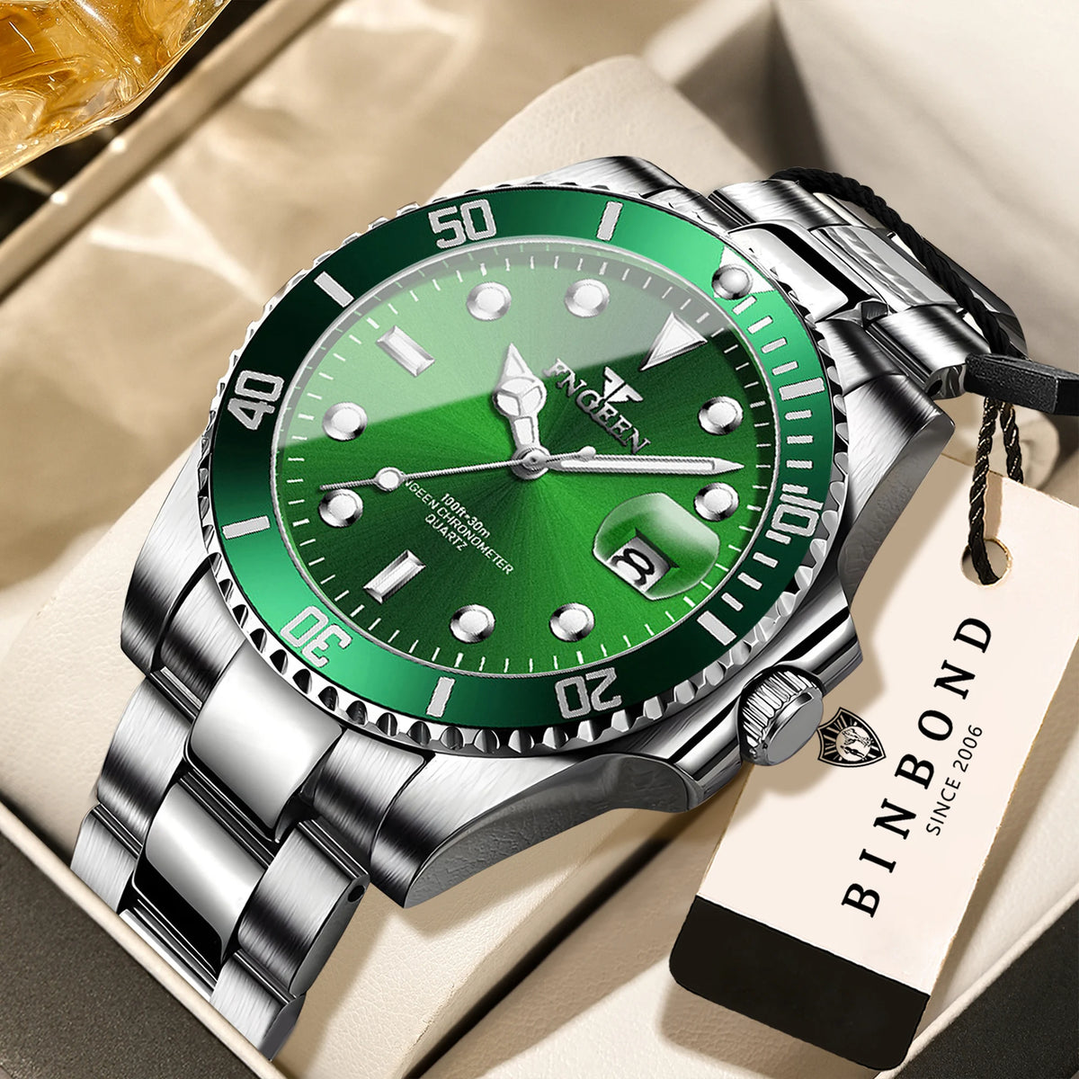 Montre-bracelet à quartz FNGEEN Son Brand de BINBOND avec bracelet en acier inoxydable pour homme, lumineuse et étanche, de luxe.