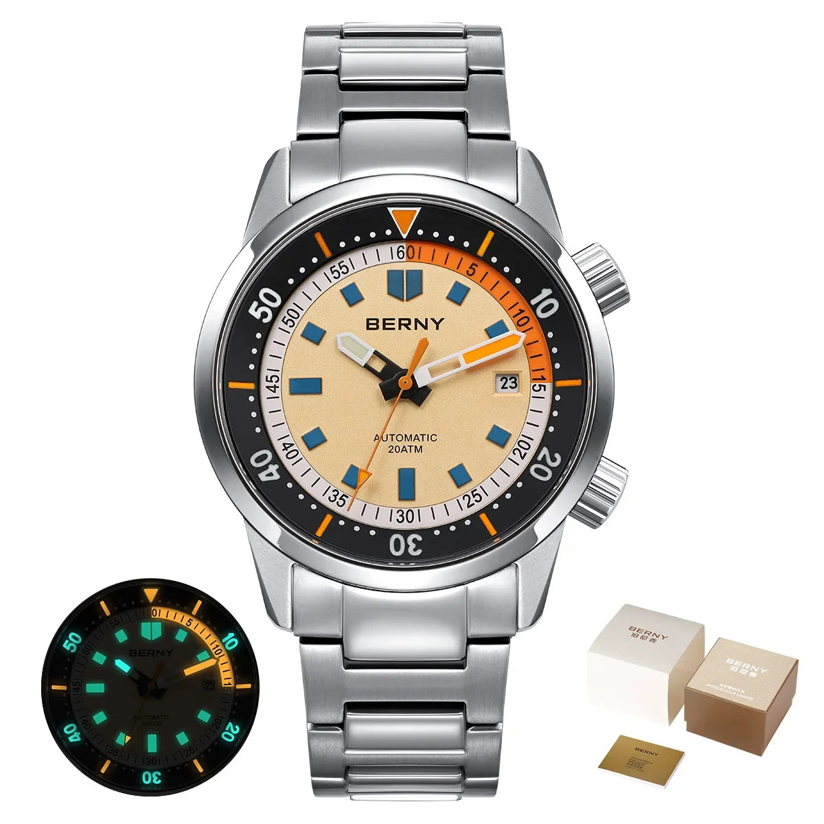 Relógio de mergulho BERNY para homem, automático mecânico, 200M impermeável, superluminoso, 42mm, safira, para natação e mergulho