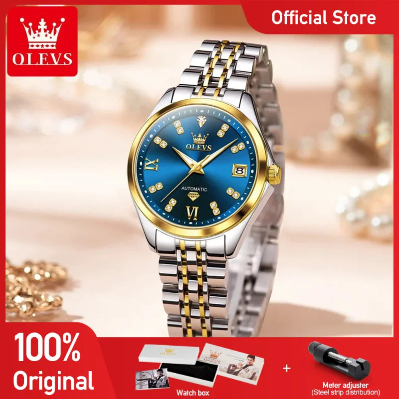 OLEVS 9801 Womens Watch Luxury Fashion Waterproof  Automatic Mechanical Watch Stainless Steel Diamond Date Ladies Watch Set