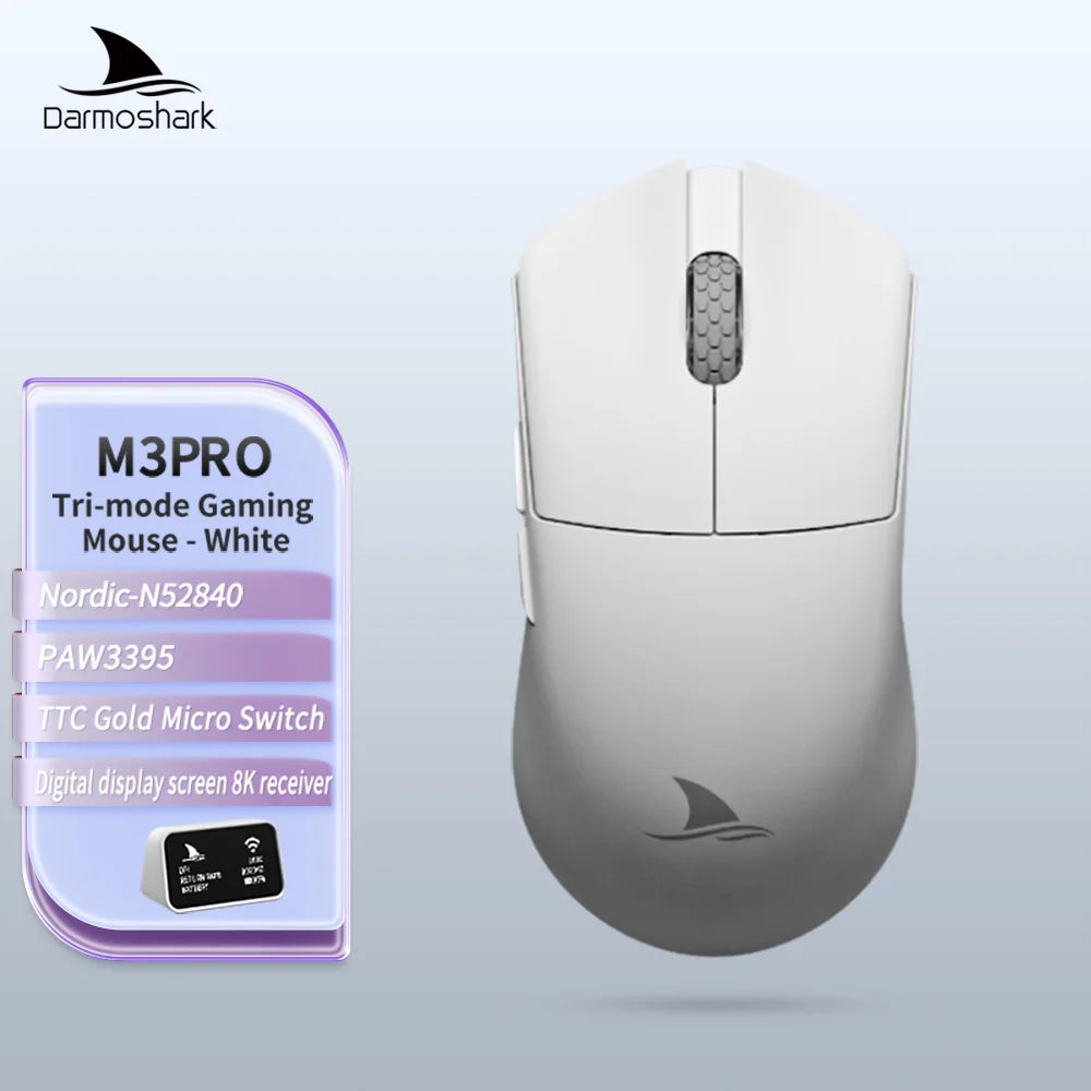 Rato Gaming Darmoshark M3Pro 2.4G BT sem fios Tri-Mode, sensor PAW3395, N52840, 26000DPI, rato com driver macro para mãos grandes e gaming