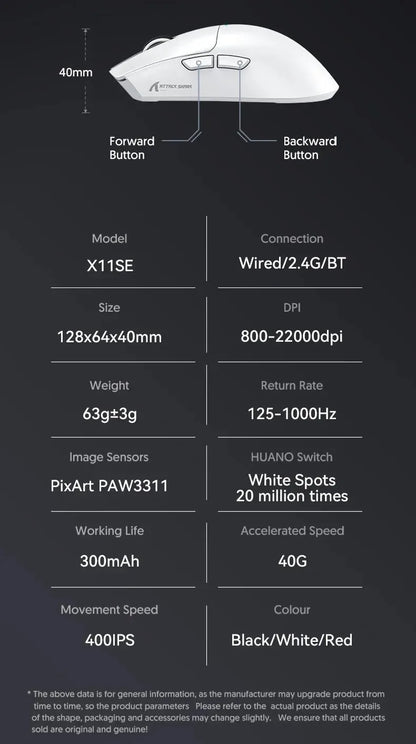 ATTACK SHARK X11SE ultralet trådløs gamingmus, 20Million cyklusser levetid, PAW3311 Gaming, 22KDPI, 400IPS, 40G, 1KHz, 65 timer, 30mAH
