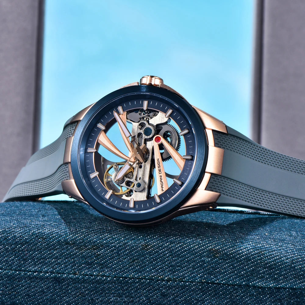 Moška ura PAGANI DESIGN – Luksuzni avtomatski mehanski model tipa »skelet« (z odprtim srcem), opremljen s turbiljonom, safirnim steklom z antirefleksno obdelavo, vodotesna in svetleča.
