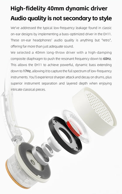 Cuffie Bluetooth on-ear FIIO EH11 – Headset wireless Hi-Res LDAC con bassi potenti, batteria 30H, connessione a doppio dispositivo e design rétro leggero