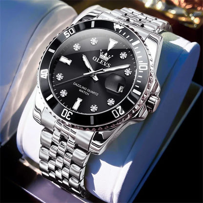 OLEVS herenhorloge – Luxe horloge, professionele stijl, waterdicht, met datumweergave, lichtgevende wijzers, roestvrijstalen kast en blauwe wijzerplaat – Kwartshorloge
