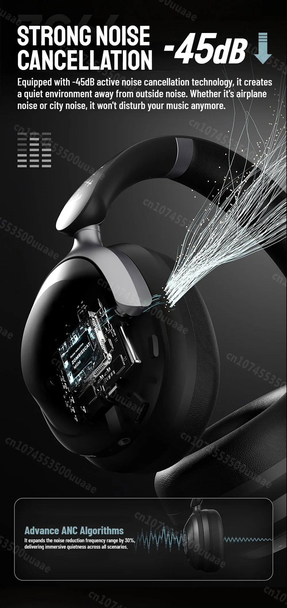 Zombies Cat S10 ANC Bluetooth 6.0 Headphones -45dB Active Noise Canceling Earphone HiFi Stereo Over-Ear Wire/Wireless Headset