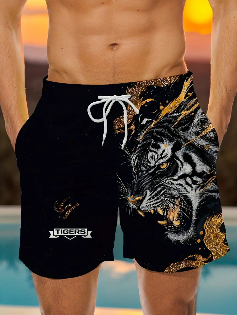 Men Beach Shorts Casual Animal 3D Print Tiger Graphics Drawstring Summer Running Shorts Loose Quick-Dry Sportswear Men Clothes