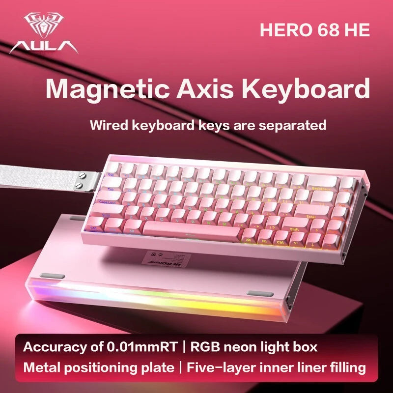 Teclado Mecânico Gaming AULA HERO 68 HE com Eixo Magnético RT, Iluminação RGB com Fio, Taxa de Polling 8K e Gravação Lateral