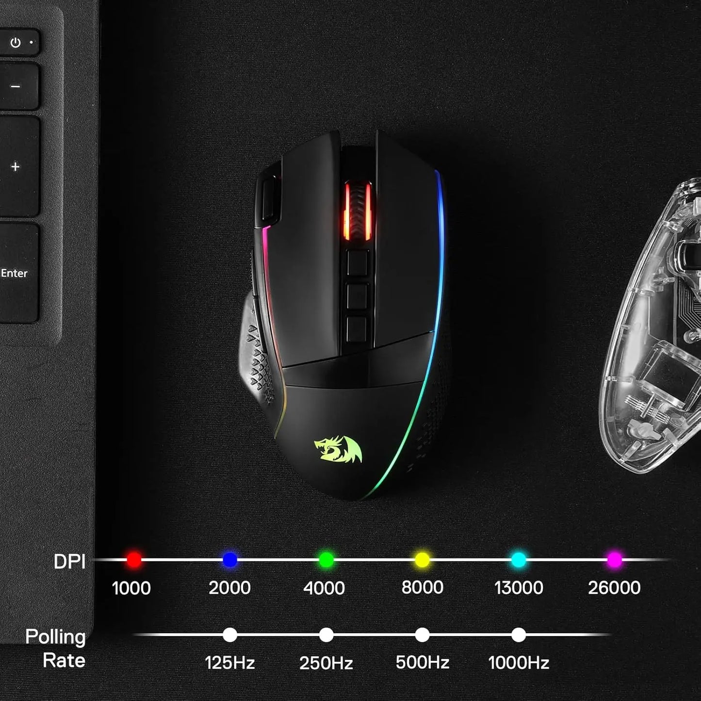 Ratón gaming inalámbrico Redragon M991, 26000 DPI, 3 modos, 9 botones macro, retroiluminación RGB, negro