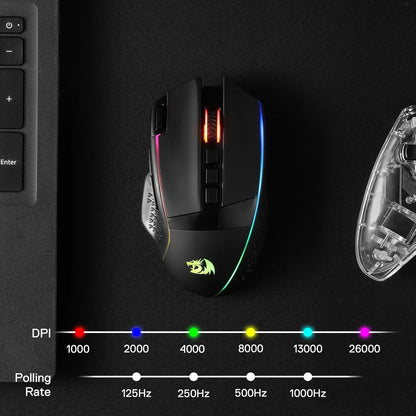 Ratón gaming inalámbrico Redragon M991, 26000 DPI, 3 modos, 9 botones macro, retroiluminación RGB, negro