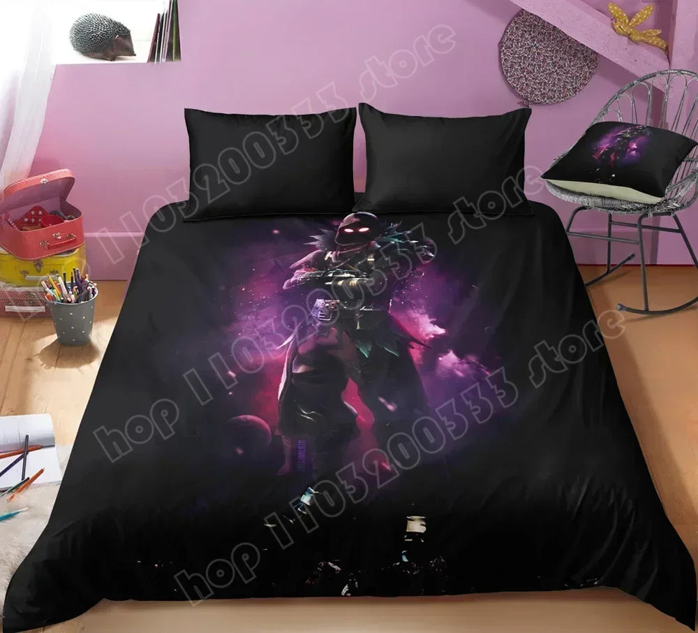 Fortnite-Bettwäsche-Set, Bettbezug, 3-teilig, 3D-bedruckte Schlafzimmer-Bettwäsche, Game-Anime-Cartoon-Kissenbezug, Zimmerdekoration, Geschenk