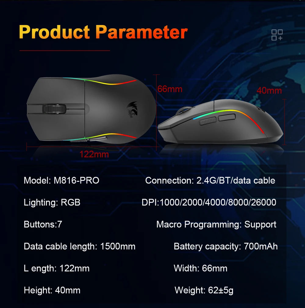 REDRAGON DEICIDE M816 PRO RGB USB gaming miš s podrškom za Bluetooth i 2.4G bežično povezivanje, 26000 DPI, 6 tipki, za gamere, žičani miš za računalo
