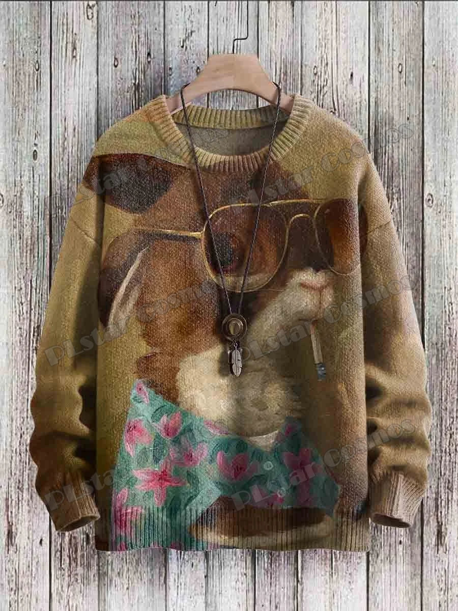 PLstar Cosmos retro pullover med drage- og hjortekunstmønster, 3D-printet strikpullover til mænd, vinter, unisex, casual striktrøje ZZM118