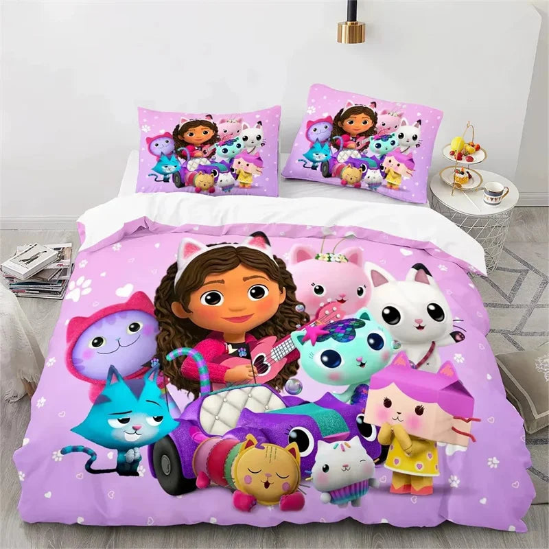 Gabbys Dollhouse 3D-gedrucktes Bettwäsche-Set mit Bettbezug und Kissenbezug, Twin Full King, für Kinder und Erwachsene, Schlafzimmer