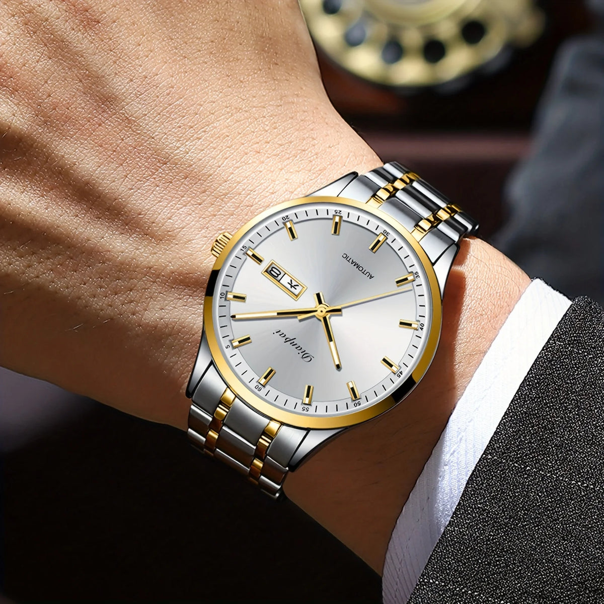 Dianpai automatisch mechanisch herenhorloge – Luxe model, lichtgevende wijzerplaat, klassiek en strak ontwerp, van roestvrij staal, waterdicht, met kalender en weersdagsaanduiding
