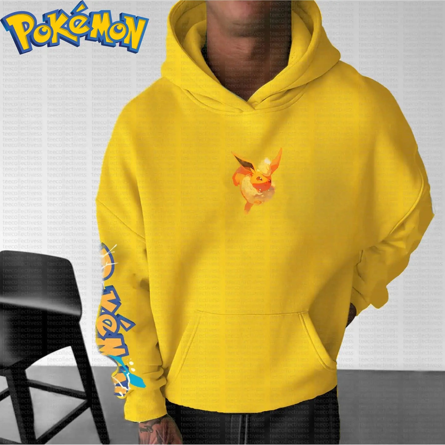 Pokemon Anime Flareon Cotton Hoodie Yellow Color Character Print with Fire Effect Pattern on Back and Hood Casual Streetwear