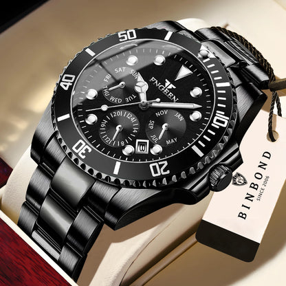 Montre à quartz de luxe pour homme BINBOND, précise, avec date automatique, lumineuse, étanche, idéale pour le sport, les affaires et les loisirs. Résistante et durable.