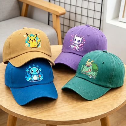 Casquette de baseball délavée pour adulte « Kawaii Pokémon » : Pikachu, Mewtwo, Bulbasaur. Casquette à visière. Motif mignon de dessin animé. Pour hommes et femmes. Protection solaire pour le voyage, la plage et le soleil.
