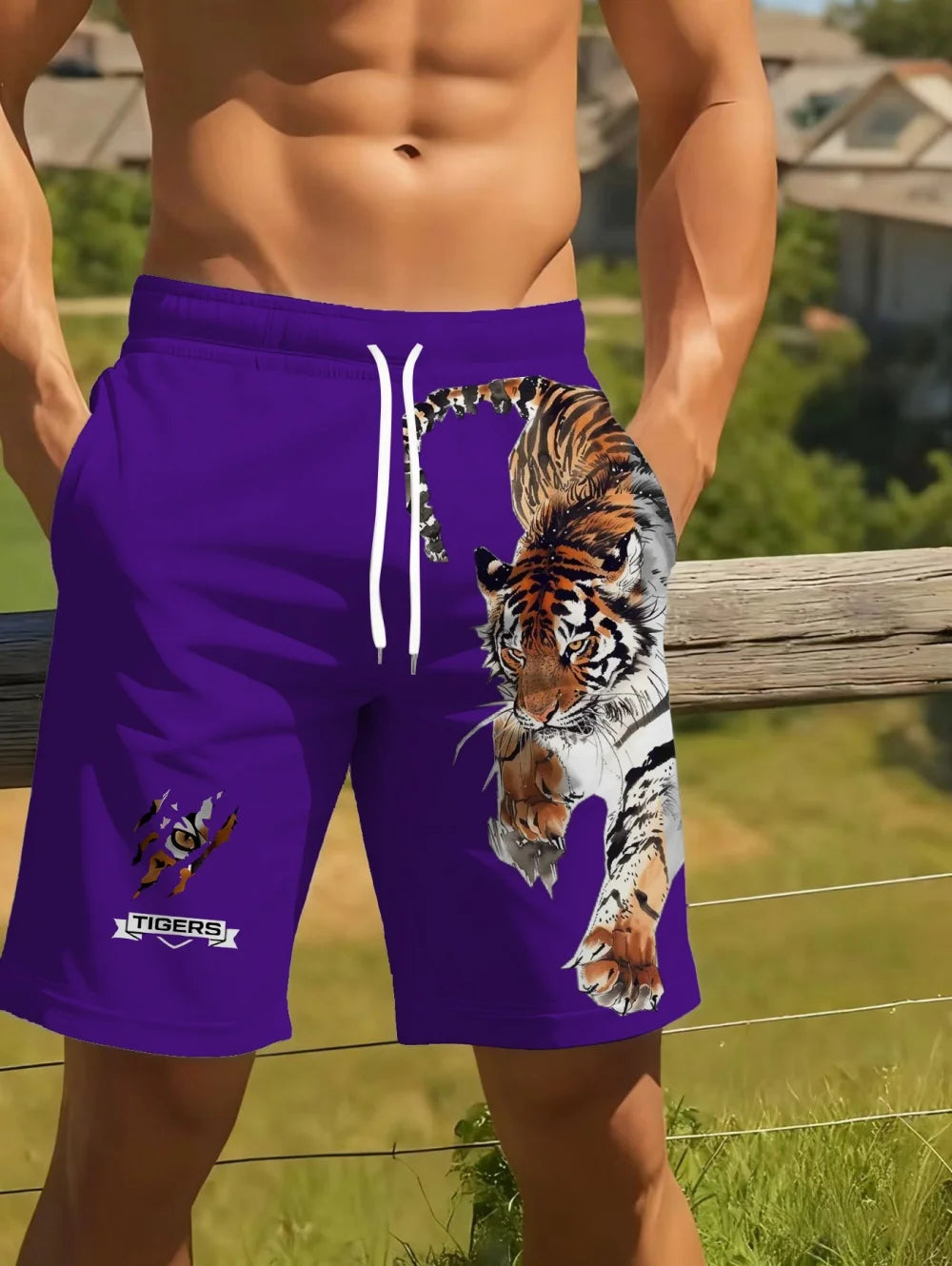 Men Beach Shorts Casual Animal 3D Print Tiger Graphics Drawstring Summer Running Shorts Loose Quick-Dry Sportswear Men Clothes