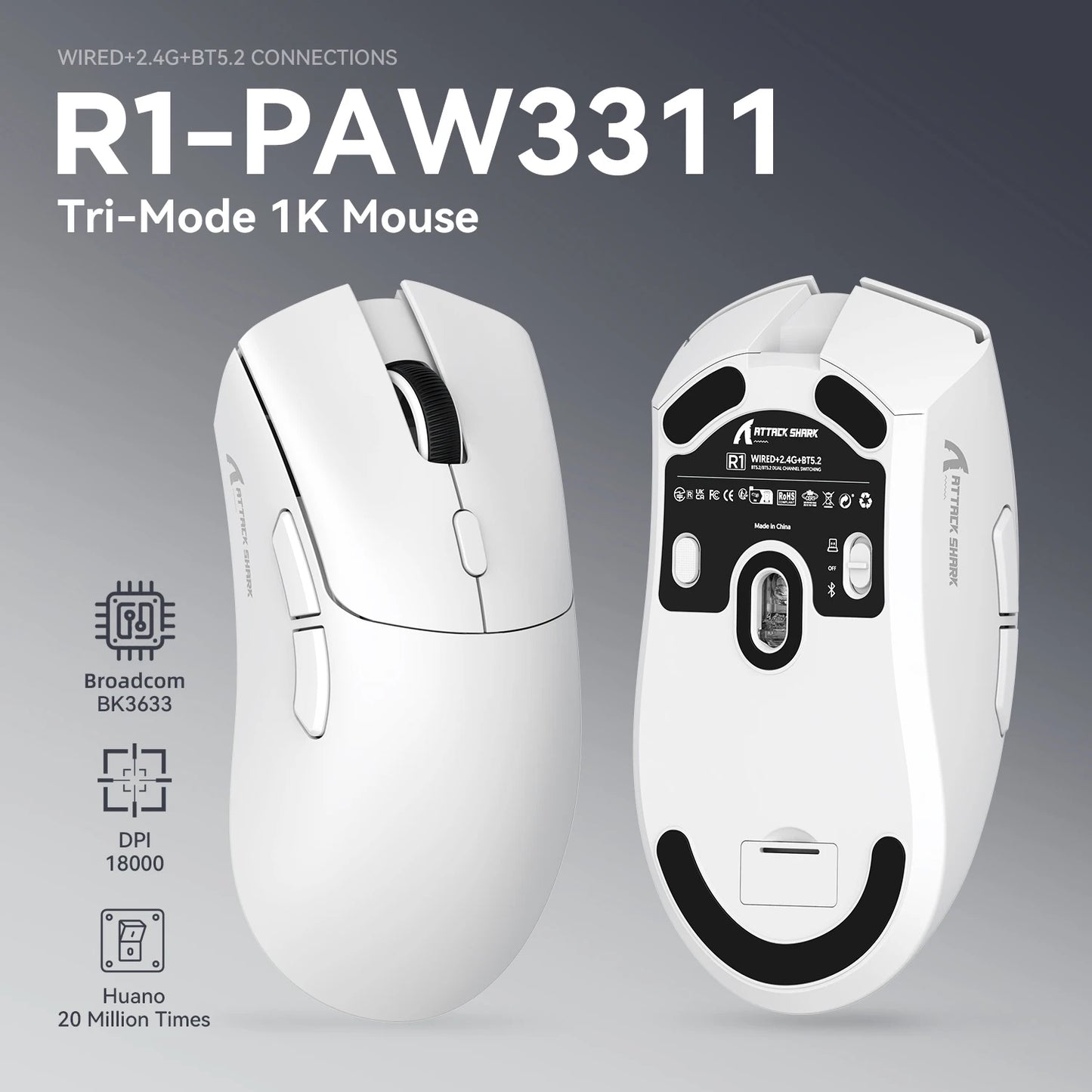 ATTACK SHARK R1 Tri-mode Gaming Mouse, PixArt PAW3311 Sensor, 18000 DPI, 1000hz, 59g Ultralight for Big Hand, for PC/Mac