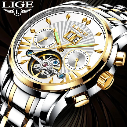 Montres-bracelets mécaniques automatiques pour hommes LIGE – Montre de luxe haut de gamme avec tourbillon, modèle élégant et étanche, idéal pour le travail ou les occasions formelles.