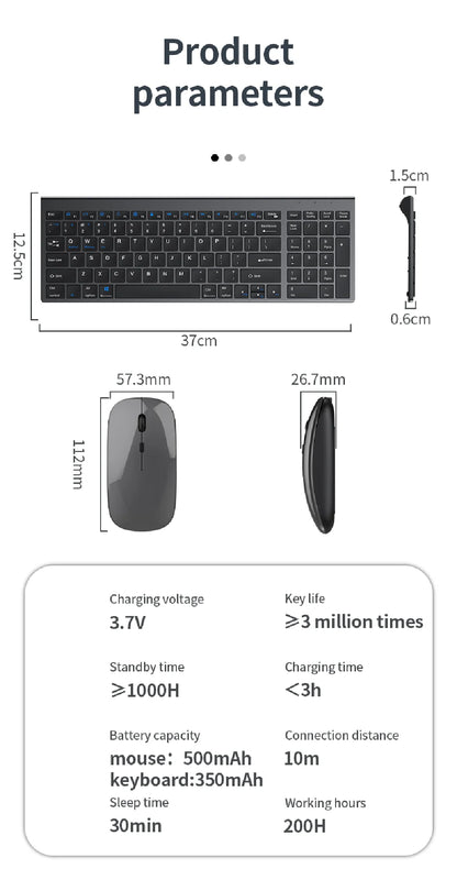 Conjunto de teclado e rato sem fios JOMAA Bluetooth e USB 2.4G para portátil, computador e iPad, combo recarregável e silencioso
